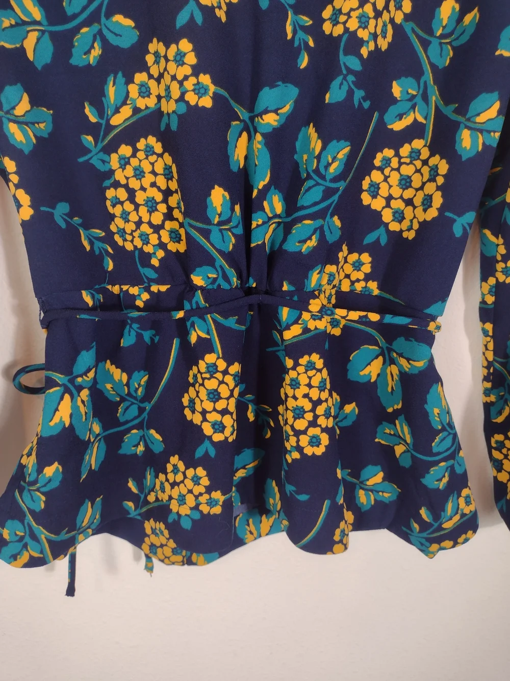 J. Crew Blue Yellow Floral Faux Wrap Tie Waist Peplum Long Sleeve Blouse Size M